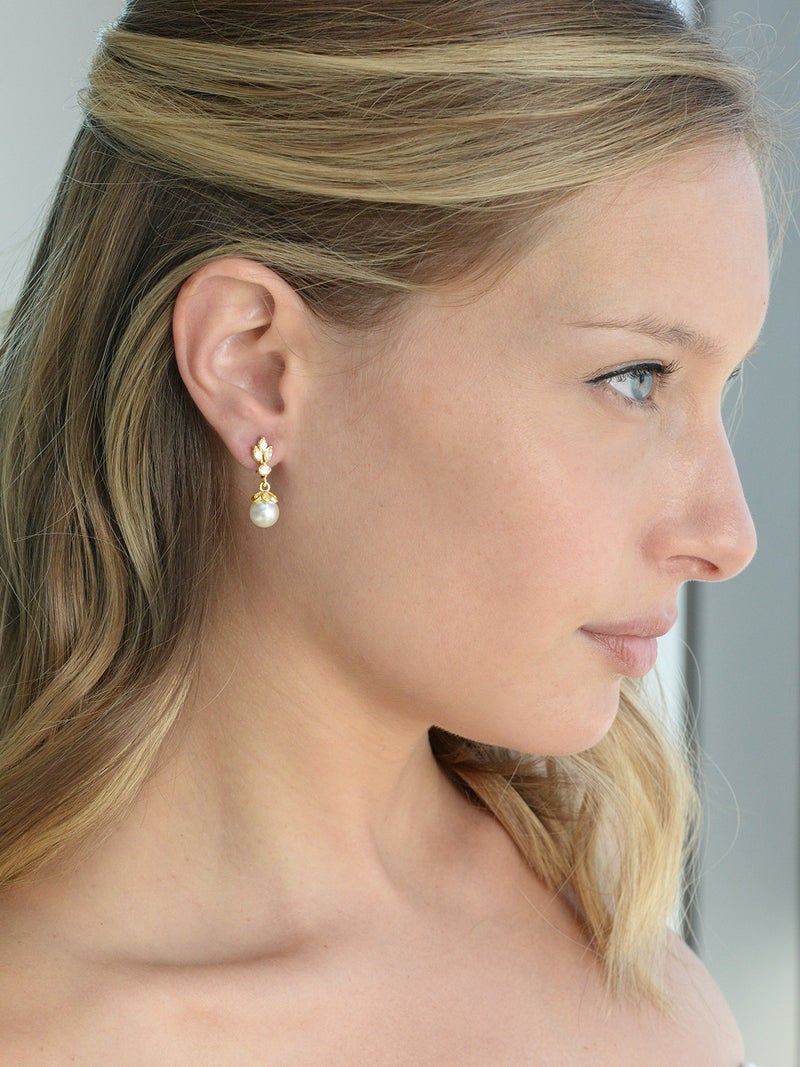 Mariell Pearl Drop Gold Wedding Earrings, 8MM Ivory Shell Pearls, Cubic Zirconia Crystal and Pearl Earrings for Brides, Bridesmaid, Prom and Mother of the Bride - Image 2